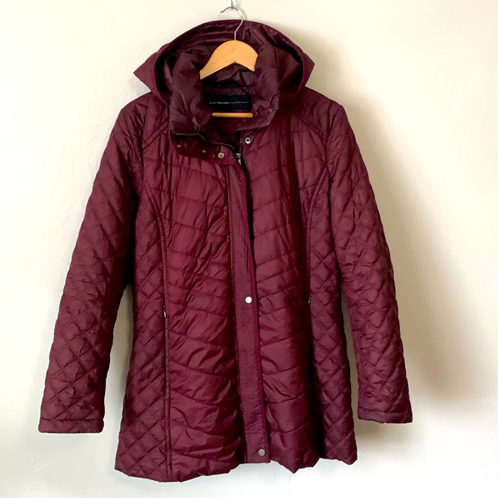 Marc, New York, burgundy, quilted jacket, removable hood, zip, and snap closure.